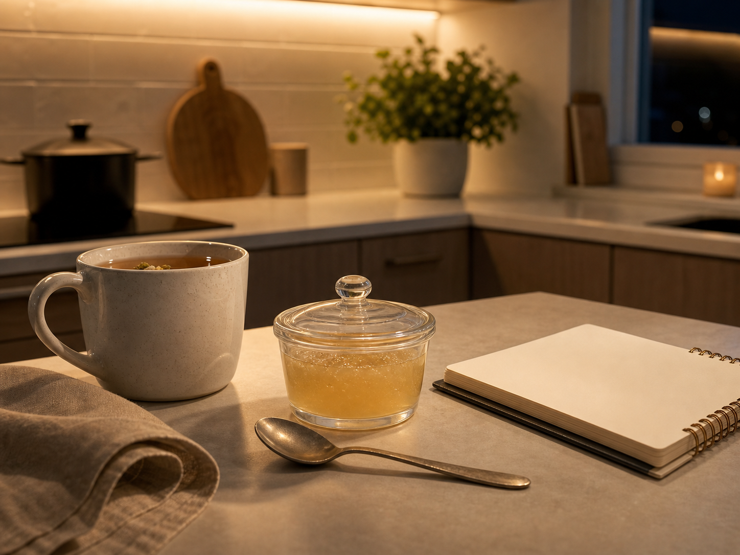 Evening tea and gelatin-style prep arranged on a kitchen counter.