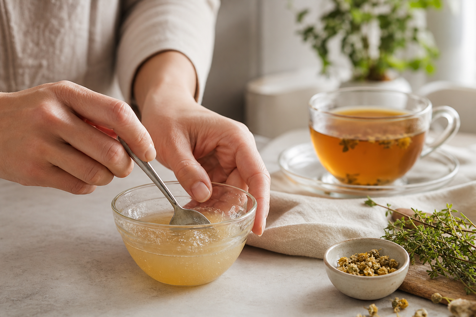 Hands preparing a simple gelatin-style kitchen routine beside tea.