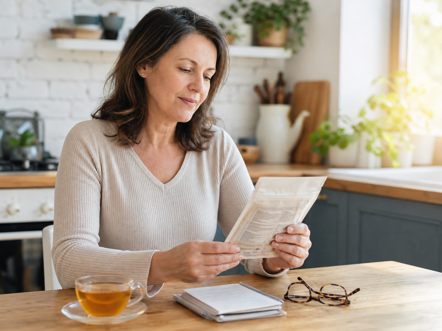 Adult woman reviewing product details at a kitchen table before trying a tea routine.