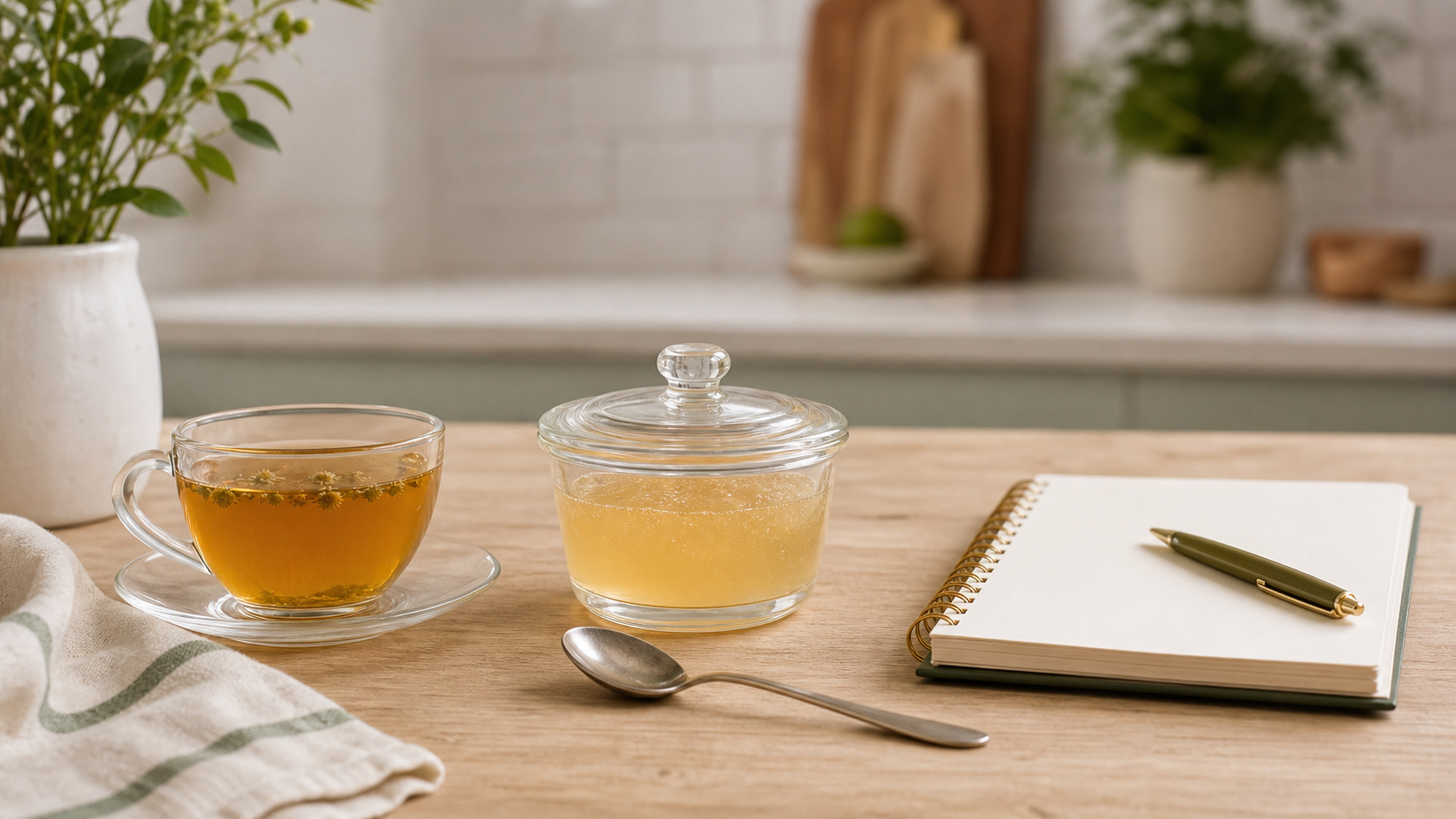 Tea, gelatin-style prep, and a product review notebook arranged as a simple evening routine.