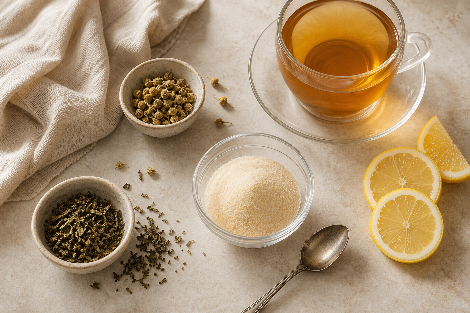 Herbal tea ingredients and a small bowl of gelatin arranged on a kitchen counter.